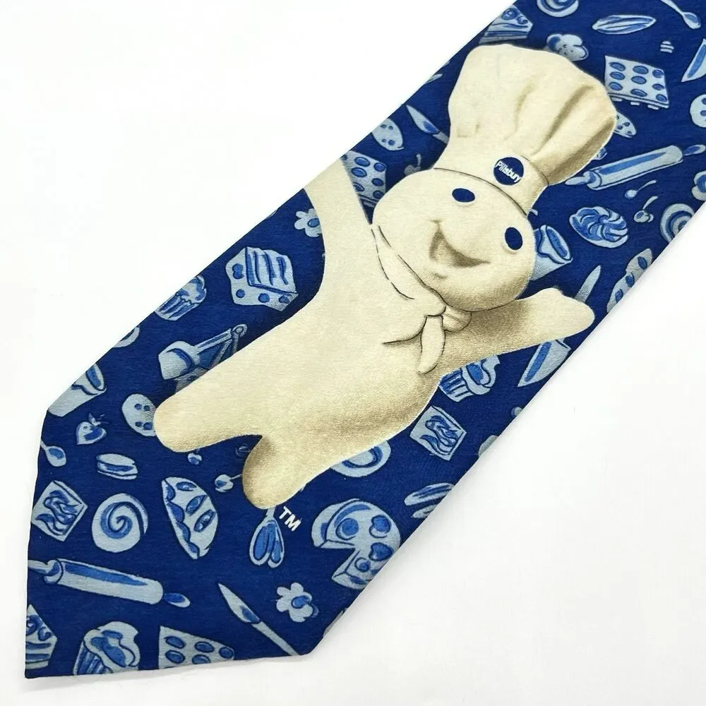VTG Pillsbury Doughboy Cookin’ Neck Tie Blue AOP 1998 Ralph Marlin Baker Chef